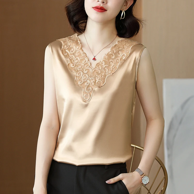 

Korean Silk Women Tops Woman Elastic Satin Tank Top Women Sleeveless Embroidery Tops Tees Woman Silk Lace Halter Top Plus Size