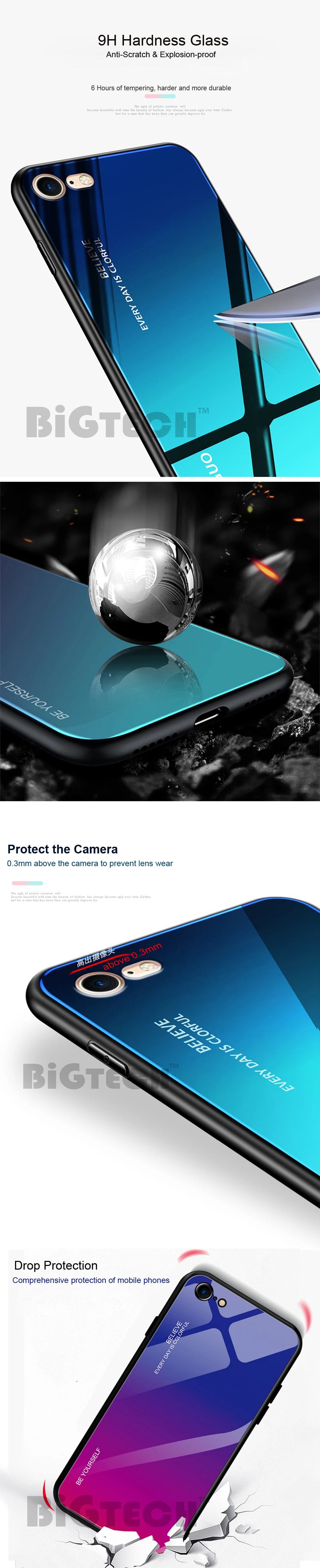 BiGTECH For iPhone XR Case Multicolour Glass Cover for iPhone 7 Plus i8 6s Plus Soft Edge Glass Case for iPhone XR XS Max Coque (8)