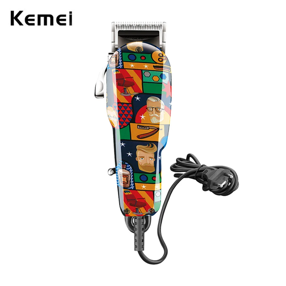 Kemei barbeiros profissional mistura desvanecer máquina de cortar cabelo elétrico com fio aparador graffiti máquina de corte de cabelo com fio cortador de cabelo