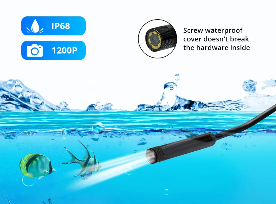 TOWODE WiFi Endoscope Camera 1200P Hard Cable 8mm 8 LEDs Android IOS Control Inspection Waterproof Mini Camera For Cars Fishing hidden wireless surveillance cameras