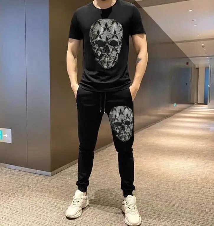 남자 세트 여름 새로운 2 PC 스포츠 정장 라인 석 디자인 Tshirt + 바지 ..