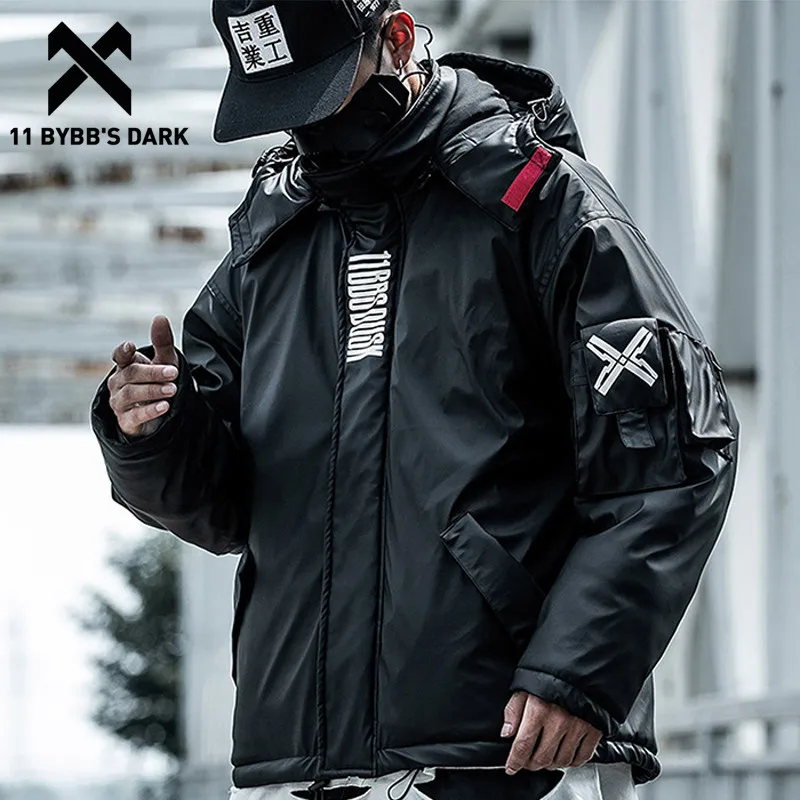 11 Bybb's Dark Pu Leer Hooded Parka Jas Techwear Hip Hop Gewatteerde Jassen Harajuku Windjack Japanse Streetwear Jassen