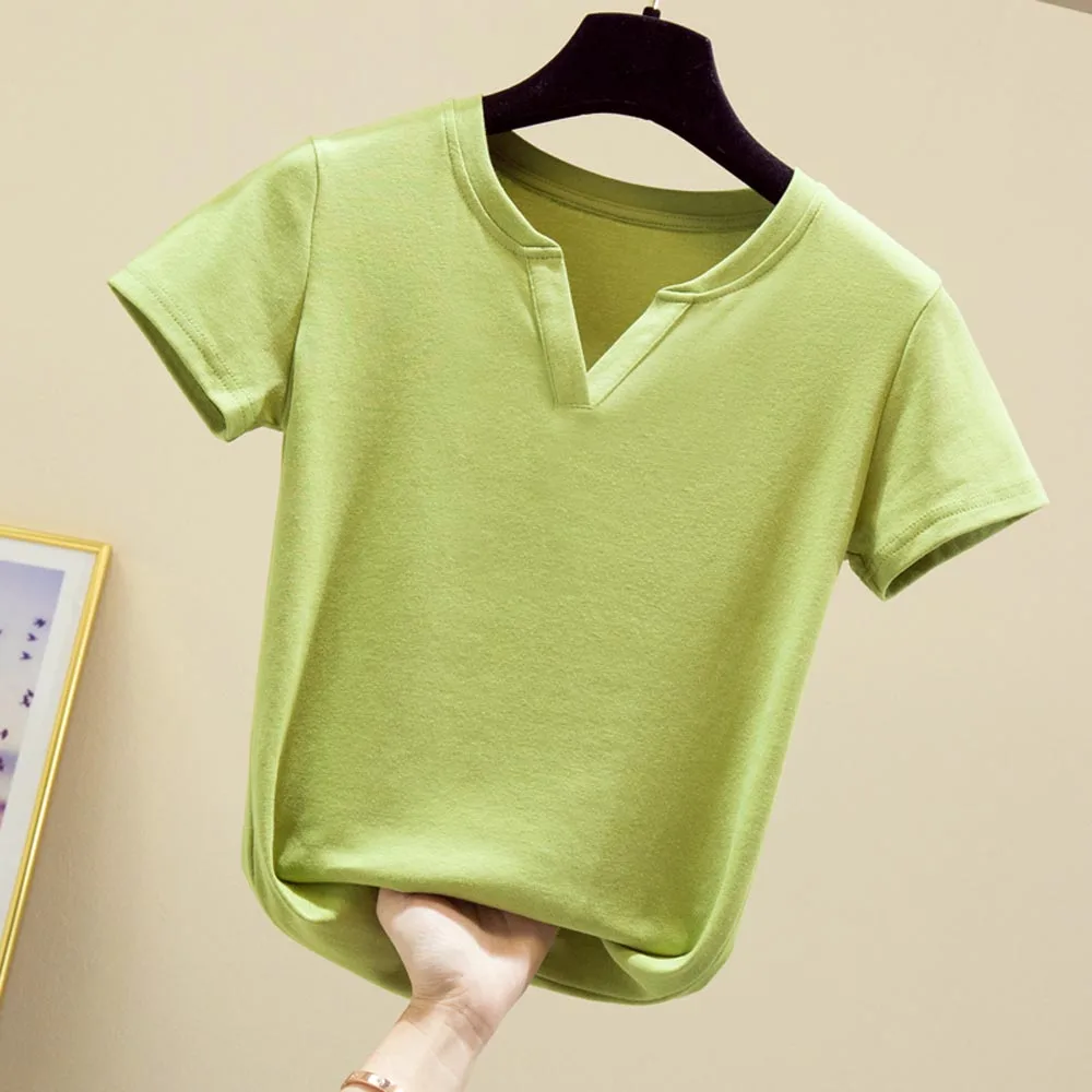 

Tops 2020 Summer Basic Plain Solid T-Shirt Women Cotton Simple OverSize V-neck Knitted Tee Harajuku Street Casual Female Clothes
