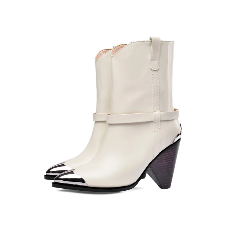 Фирменный дизайн; модные Подиумные женские ковбойские ботинки туфли на металлической шпильке Ботильоны с острым носком для женская обувь пикантная обувь на высоком каблуке-шпильке пинетки Mujer - Цвет: beige