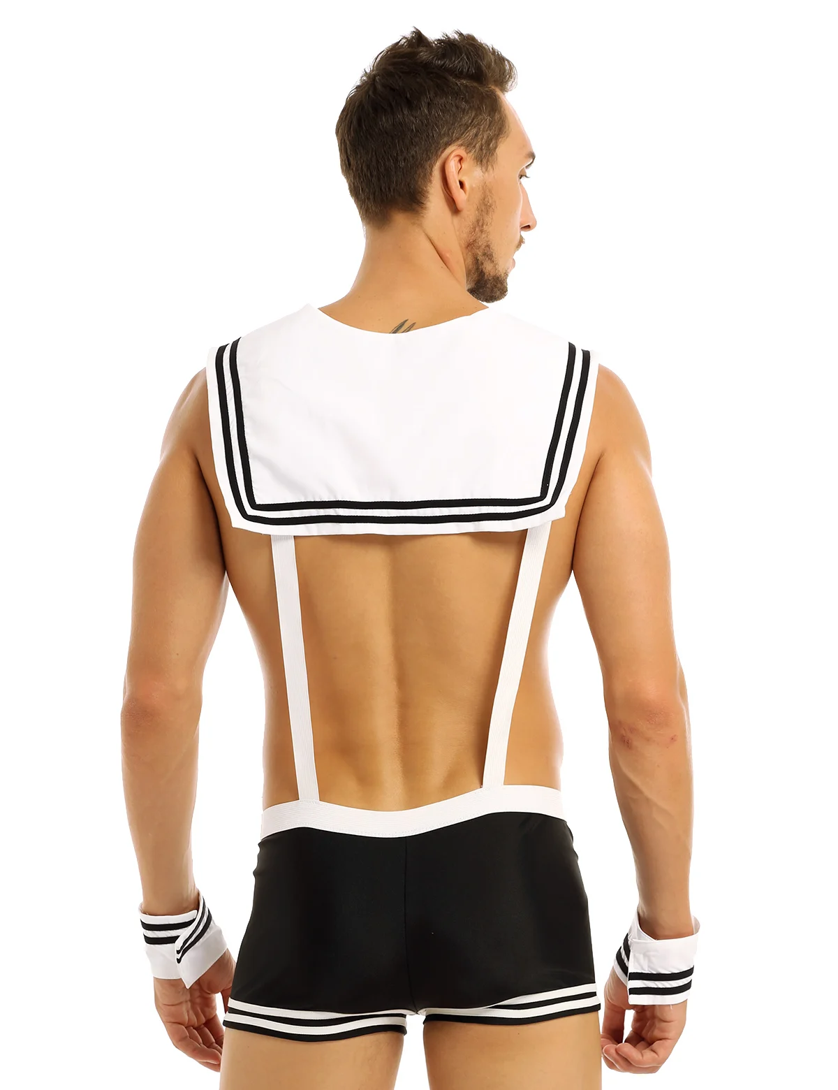 MSemis Mens Sexy Sailor Costume Overalls Cosplay Underwear Set Suspenders Boxer with Collar Cuffs Captain Uniform Costumes