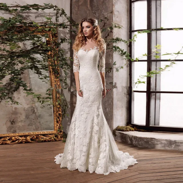 

vestidos de noivas Illusion Backless Mermaid Bridal Dresses 2017 China Wedding Dresses Lace vestido de noiva sereia com manga