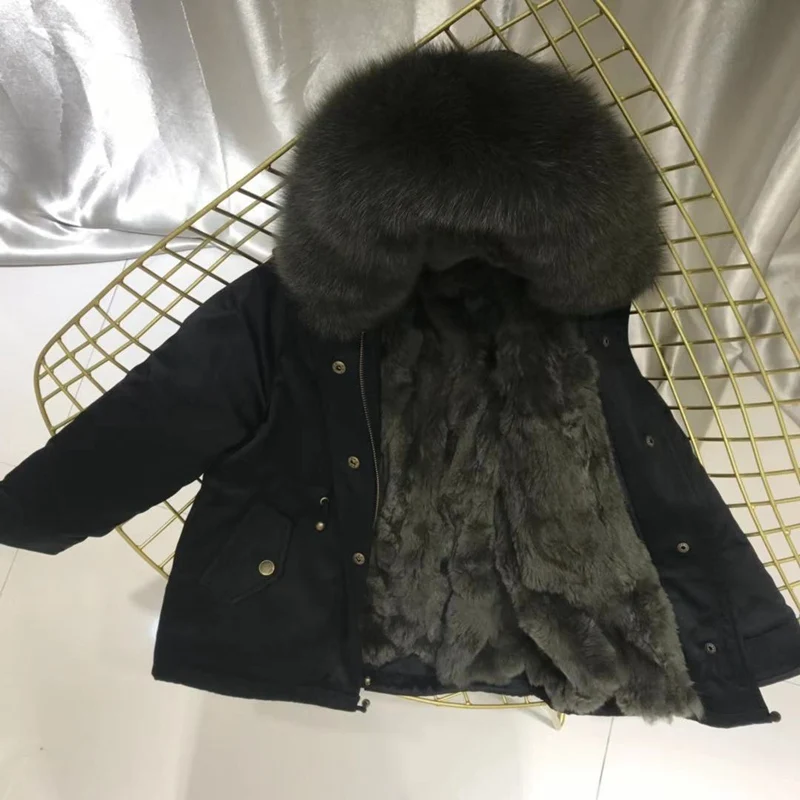 black army green fur Одежда для маленьких девочек зимняя куртка Настоящий мех кролика парка для девочек, зимние пальто с лисьим мехом, с капюшоном, отделка, одежда для маленьких мальчиков - Цвет: black army green fur