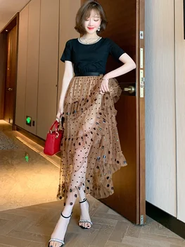 

T-shirt High Waist Stitching Contrasting Color Polka Dot Ruffles Mesh Fake Two-Piece Dress Women's 2020 Early Autumn New