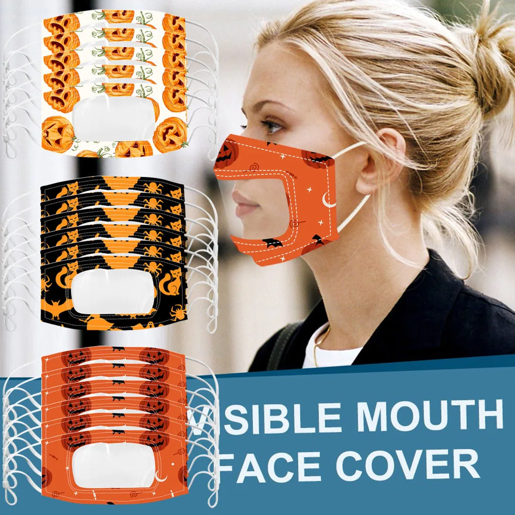 

1/5PC Halloween Print Face respirators With Clear Vinyl Mouth Expression Lip Reading respirators drop shipping to usa