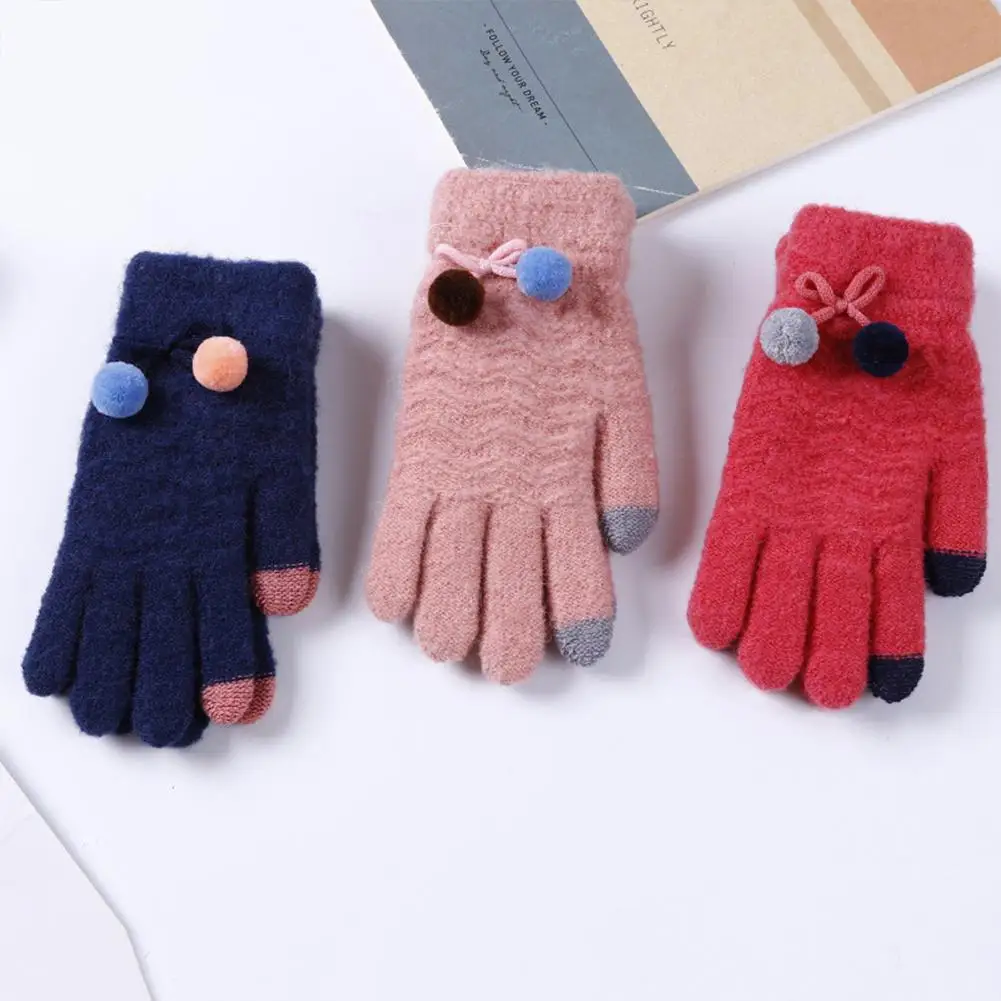 New Women Gloves Knit Gloves with Cute Plush Ball Warm Hands Keeper Lady Touch Screen Gloves Female For Winter