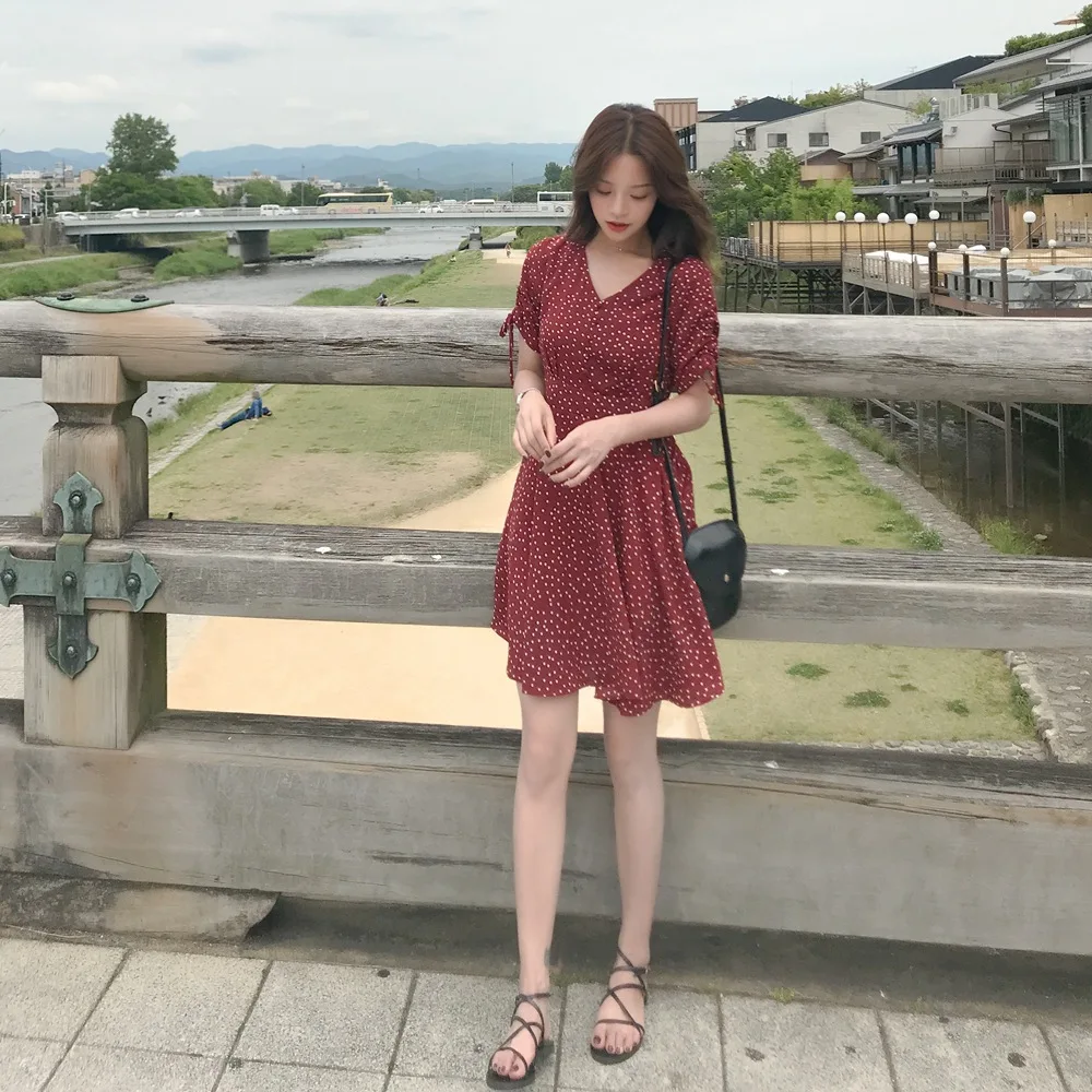 

France Non-mainstream Polka Dot Dress 2019 Summer New Style WOMEN'S Dress Retro INS Mid-length Waist Hugging V-neck Drawstring D