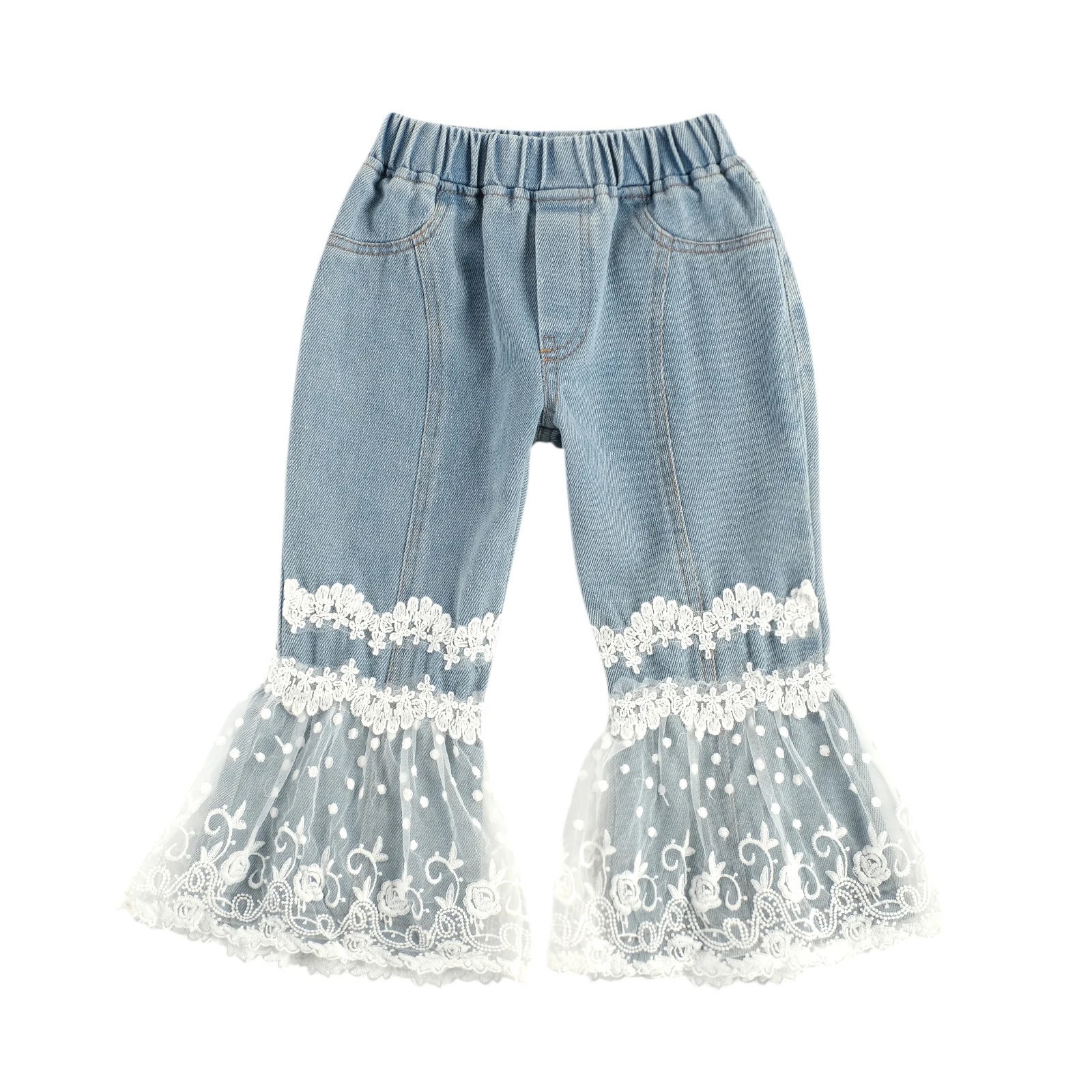 

2-7Y Kids Girl Denim Pants Blue Solid Wide-Leg Trousers Side Pockets Fall High Waist Ruffle Lace Floral Bell Bottoms
