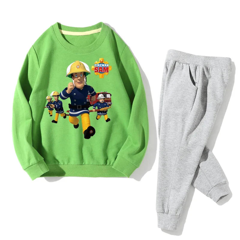 Детские осенние спортивные костюмы, комплекты одежды с принтом пожарного Сэма, пуловер для мальчиков и девочек, пальто+ штаны, комплект одежды из 2 предметов, JZ065 - Цвет: Green Set