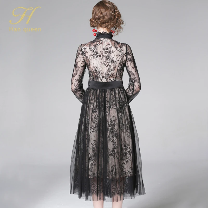 H Han queen роскошное осеннее кружевное платье для работы, повседневные тонкие женские вечерние платья из сетчатой ткани, однобортное ТРАПЕЦИЕВИДНОЕ винтажное платье