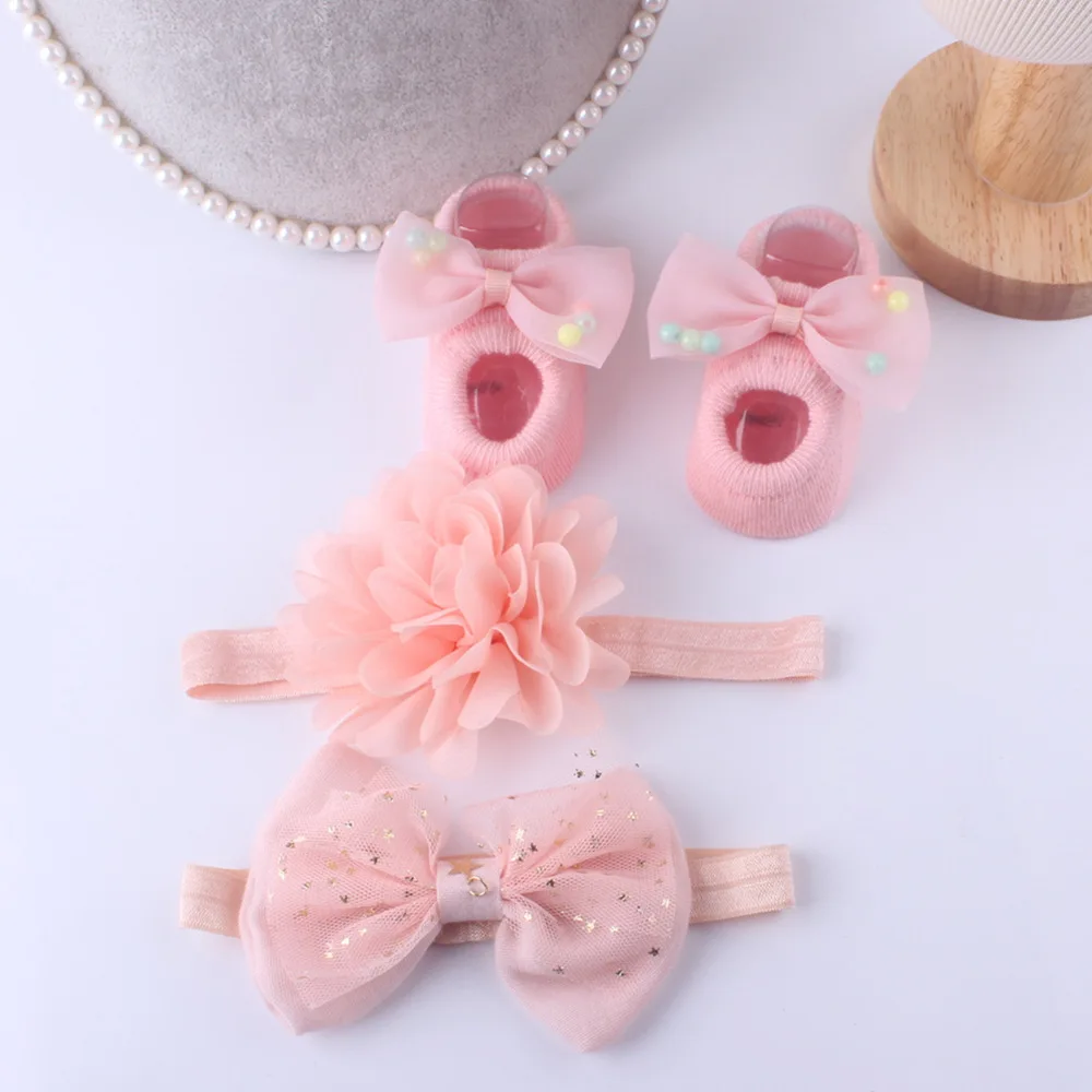 Аксессуары для маленьких принцесс+ носки, 3 предмета, Детские Мультфильмы для новорожденных, носки противоскользящие носки, ботинки, носки-тапочки с бантом - Цвет: Pink 2