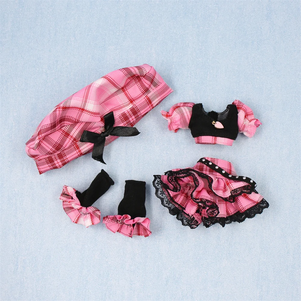 DBS 1/6 BJD blyth Dolls Accessories Black and pink checkered suit includes socks and hat