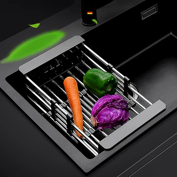 

Kitchen Sink Adjustable Rectangular Strainer Drain Fruit Vegetable Dishe Black Basket Storage Rack Stainless Steel+ABS KI-7131