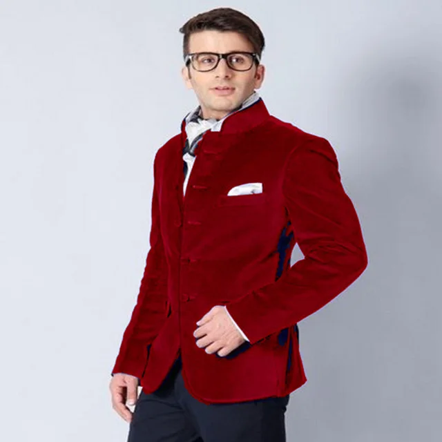Дизайн, бархатный мужской блейзер со стоячим воротником со штанами, смокинг для жениха, Мужской Блейзер, Женихи, мужские костюмы, мужской свадебный костюм(пиджак+ брюки - Цвет: Красный
