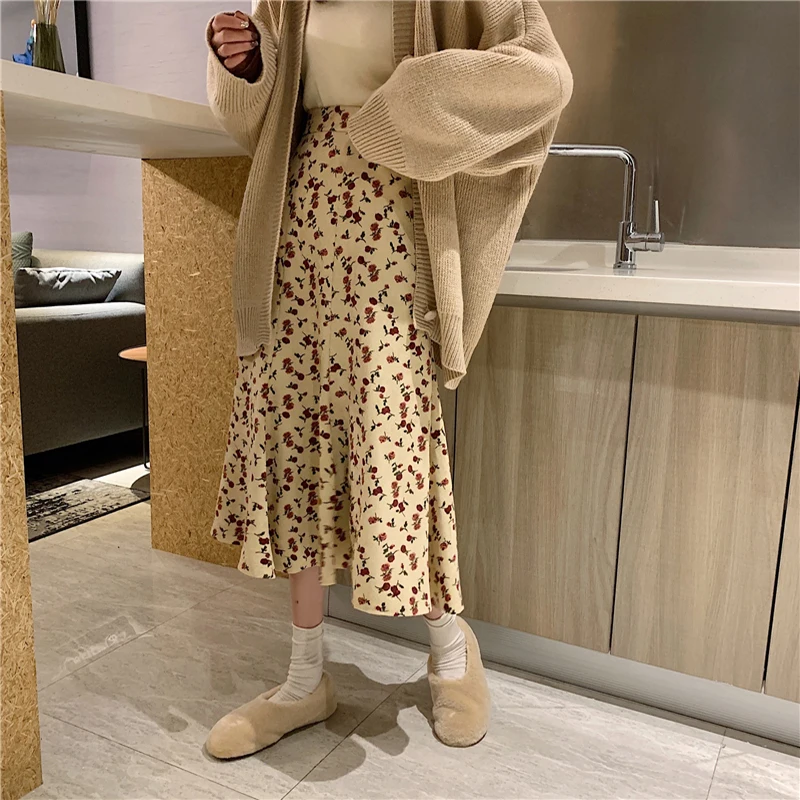 Vintage Floral Print Ruffle Pleated Long Skirts Winter Women 