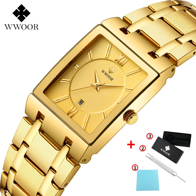 Full Gold Мужские часы Топ бренд класса люкс WWOOR золотые черные квадратные кварцевые часы мужские водонепроницаемые золотые мужские наручные часы+ подарочная коробка - Цвет: Full Gold