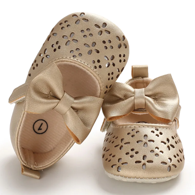New Autumn 0-18M Lovely Baby Shoes Baby Girl Breathable Bow Anti-Slip Shoes Casual Sneakers Toddler Soft Soled First Walkers - Цвет: Золотой