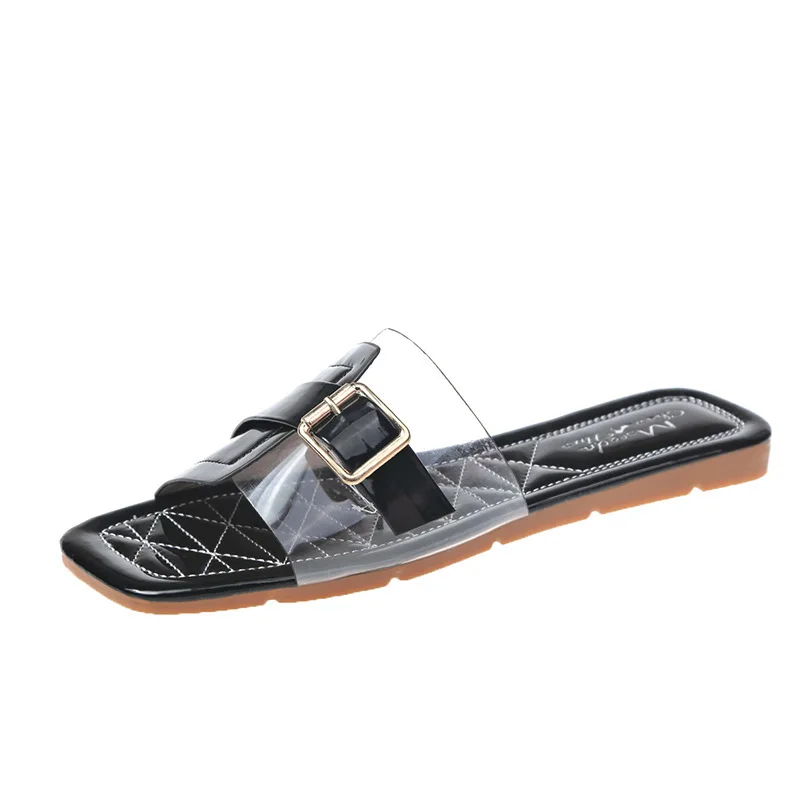 

Summer Woman Flat Slippers Candy Color Leather Woman Transparent Slides Female Open Toe Flip Flops Women's Beach Shoes Loafers