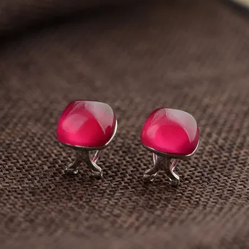 

FNJ 925 Silver Stud Earrings for Women Jewelry New Fine 100% Pure S925 Sterling Silver Earring Square Red Corundum
