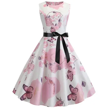 

Plus Size Pink Butterfly Print Vintage Dress Women Summer 50s 60s Rockabilly A-Line Party Dress Casual Floral Sundress Vestidos