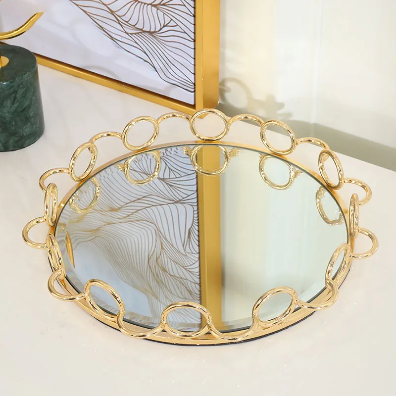 Golden Stroke Storage Tray Nordic Glass Mirror Cosmetic Plate  Desktop Jewelry Display Trays Dressing Table Decoration Ornaments 4
