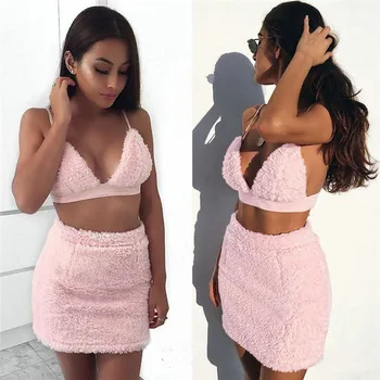 

Two Piece Set 2019 Summer women Faux Fur crop tops High Waist Skirts 2pcs Ruffles Ladies Slim matching Clothes sets outfits