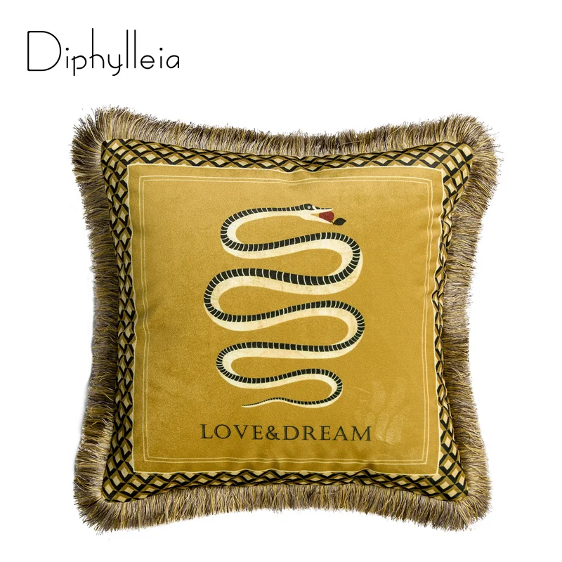 

Diphylleia Italian Velvet Luxury Cushion Cover Fringe Gold Yellow Snake Print Sofa Living Room Pillow Case Free Shipping