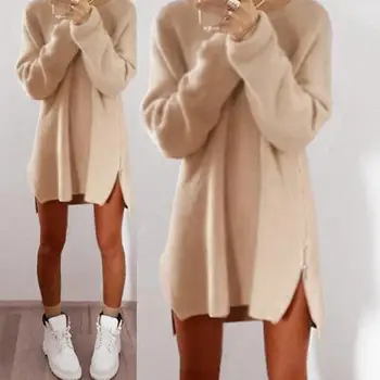 

2019 11.11 Women Sexy Solid Color Long Sleeve O Neck Sideway Zip Loose Mini Sweater Dress Christmas Gift For Female Friend