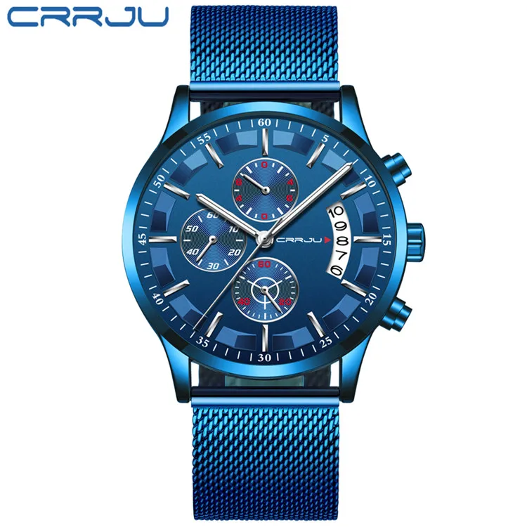 CRRJU Топ люксовый бренд для мужчин бизнес аналоговые кварцевые часы из нержавеющей стали ремешок наручные часы Relogio Masculino часы Horloges Hours - Цвет: M blue Silver