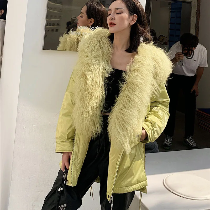 Manteau femme hiver пуховик женский с капюшоном с натуральным настоящим овечьим мехом воротник размера плюс пальто шапка Толстая теплая парка натуральный мех