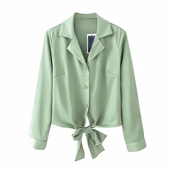 

Sweet chic lapel solid blouses bow tie long sleeve pleated green shirts vintage female casual top blusas mujer