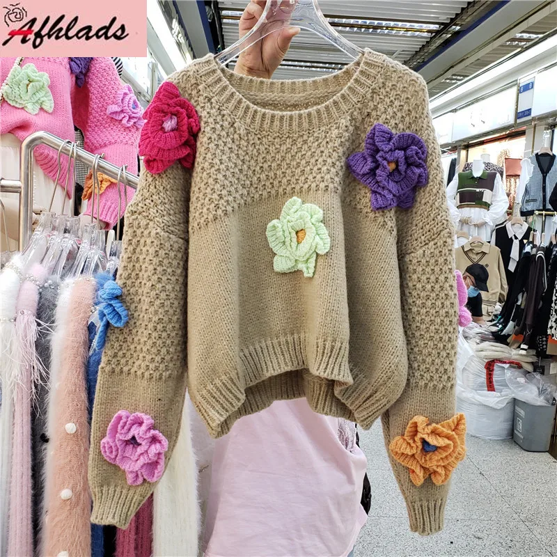 

Женская трикотажная одежда пуловер в цветочек, осенняя Корейская новая свободная повседневная Толстая кофта с круглым вырезом и длинными рукавами