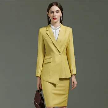 

High Quality Business Suit For Women Work Clothes Yellow Full Sleeve Asymmetrical Blazer Knee Length Midi Skirt Set Suit