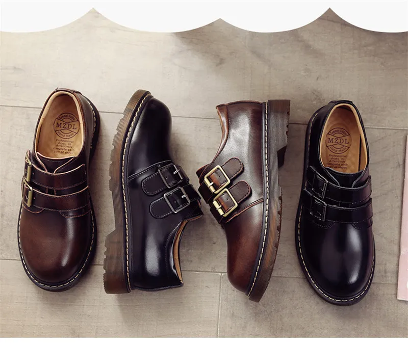 2020 Vintage Women Harajuku Oxfords Shoes British Carved Ladies Platform Brogue Shoes Round Toe Buckle Flats Women Student Shoes (6)