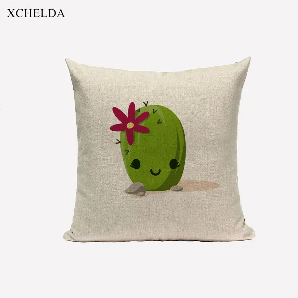 Linen Cushion Cover Beige Cut Tropical Cartoon Cactus Pattern 45*45 Home Decorative Pillow Case Pillowcase for Sofa Car Seat