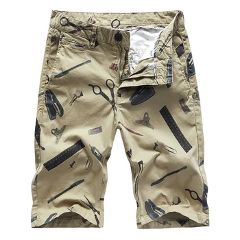 

New Summer Shorts Men Clothing Stationery Printing Wild Mens Shorts Pure Cotton Slim Knee Length Mens Clothing Straight
