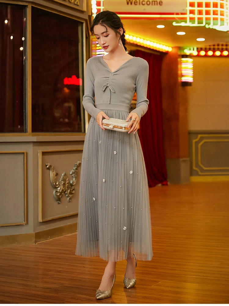 Корейское Стильное трикотажное платье-свитер, осенне-зимнее женское платье с v-образным вырезом и длинным рукавом, вязаные сетчатые платья S-XL