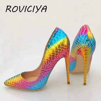 

Pattern snake print sexy 12cm high heel pointed toe shallow 10cm 8cm thin heels ladies night club shoes QP076 ROVICIYA