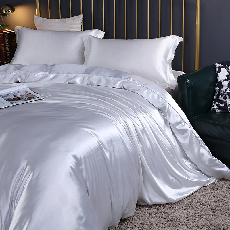 Mulberry Silk luxury Bedding Set with fitted sheet High-end 100% Silk Satin Bedding Sets soft smooth Solid Color quilts Cover