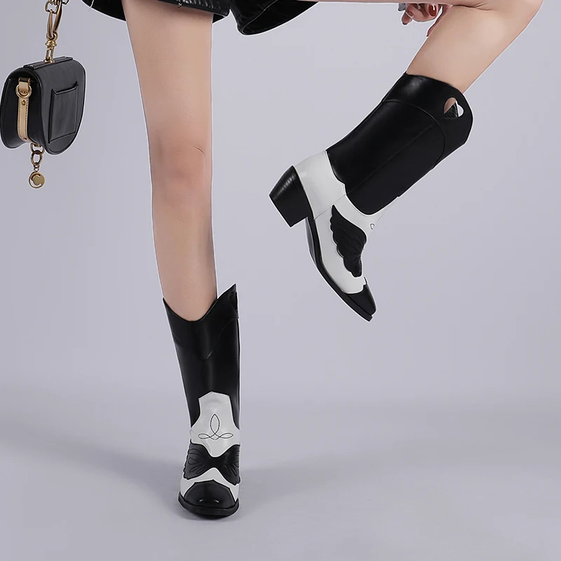 winter chunky high heels western cowboy mid-calf boots women lace up hollow butterfly patchwork large size Bohemian shoes female