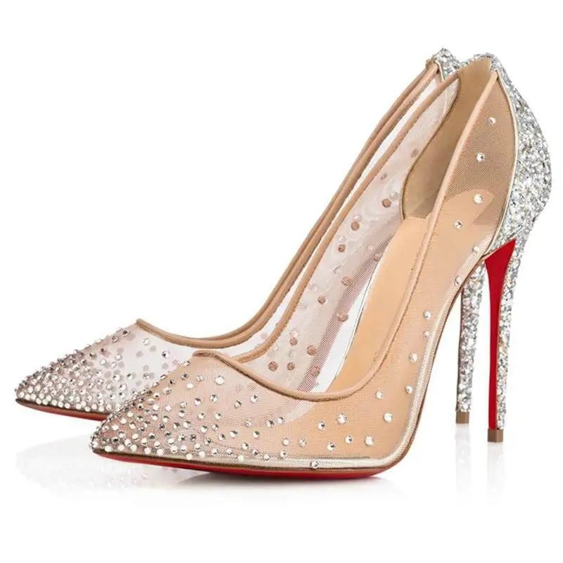 summer Classic Women's Fashion Single Shoes Pointed Rhinestone Mesh Breathable High Heels Red Bottom