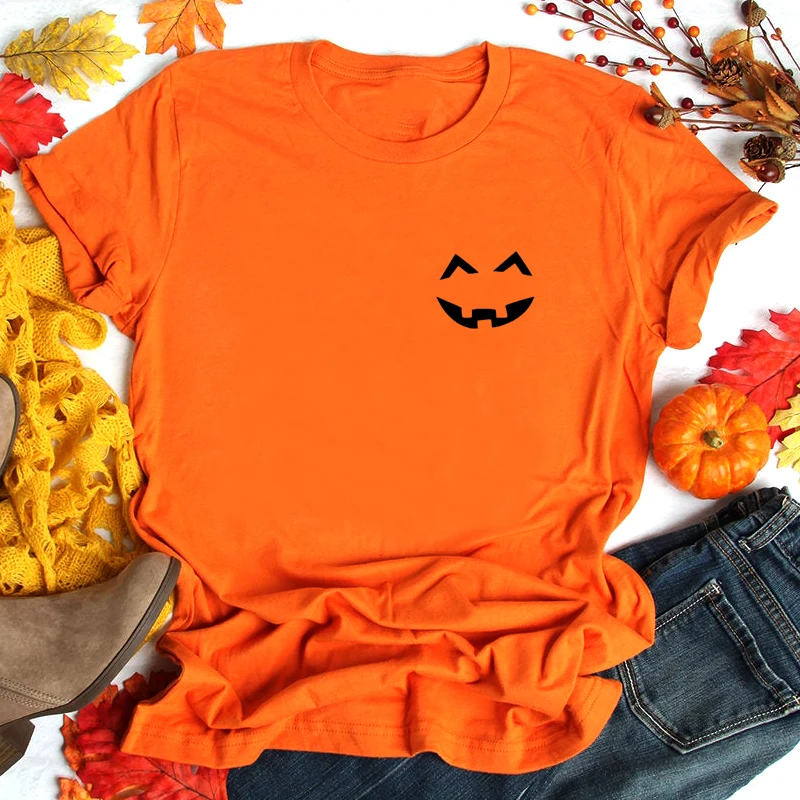 

Pumpkin Pocket Printed T Shirt Women Cotton Tumblr Summer T-shirt Funny Tops Halloween Shirts Festival Clothing Drop Shipping