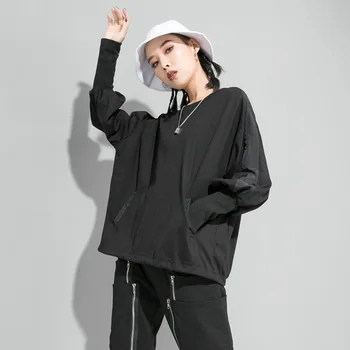 

2019 New Autumn Winter Round Collar Long Sleeve Black Plus Size Hem Loose T-shirt Women All-match Lantern Sleeve SA442S30