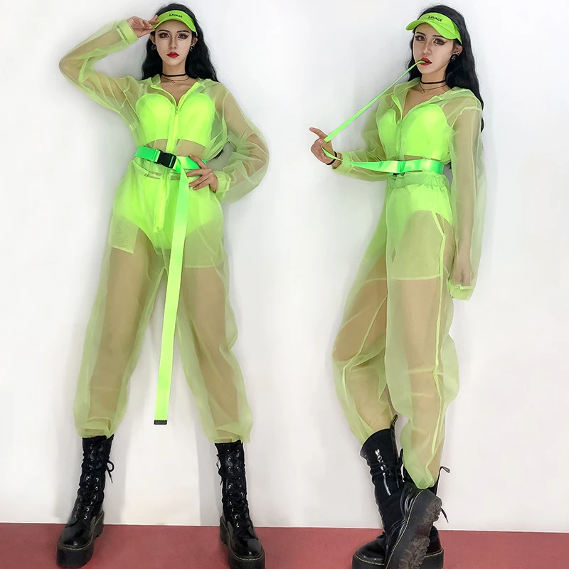 Hip Hop Dance Costumes Lady Fluorescent Green Sexy See-Through Jumpsuit Bikini Modern Jazz Dancer Outfit Street Dancewear DT2967 |