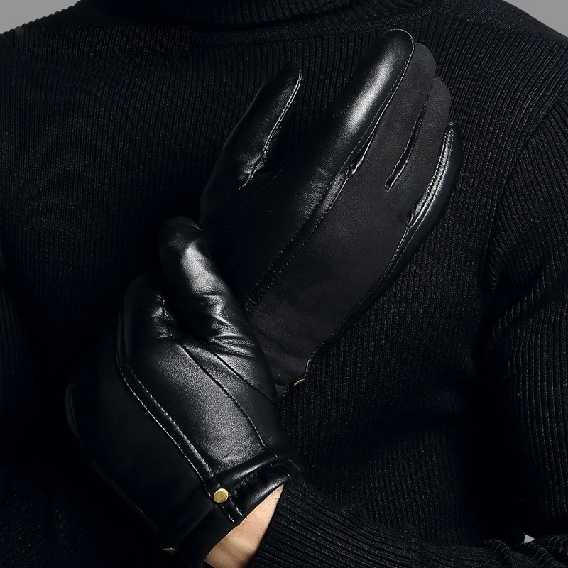 Натуральная кожа мужские перчатки осень зима толстые теплые перчатки для вождения овчины мужские черные повседневные кожаные перчатки TU2801