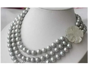 

FREE SHIPPING hot sale~~~~~AA 3row 11mm round gray freshwater pearl necklace